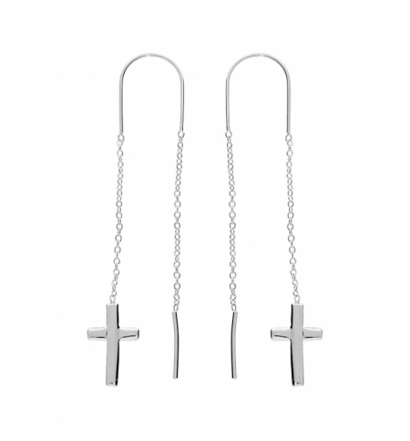 BOUCLES D'OREILLES ARGENT RHODIÉ 2 PENDANTS CHAINETTE CROIX 