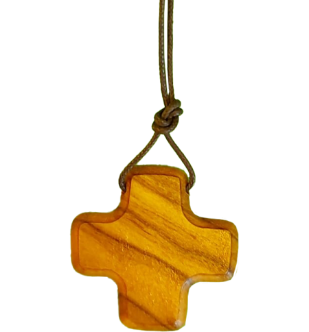 Pendentif croix sur cordon - bois d'olivier - carré/24mm