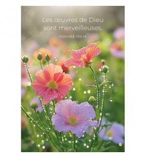 Carte avec verset Fleurs roses et violettes couvertes de rosée