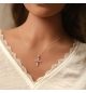 COLLIER ARGENT RHODIÉ PENDENTIF CROIX OXYDES BLANCS 38+5CM