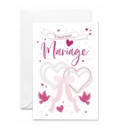 Carte double "Heureux Mariage" Coeurs attachés, tenus par deux colombes.