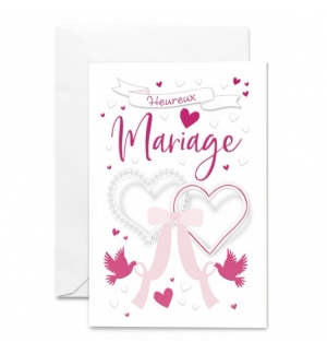 Carte double "Heureux Mariage" Coeurs attachés, tenus par deux colombes.