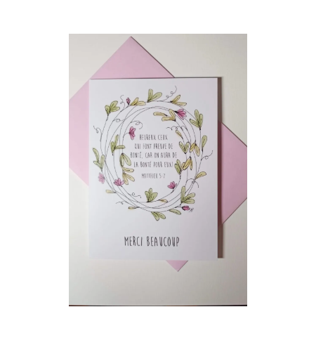 Carte Double Merci Beaucoup-Couronne Fleurs Roses Matthieu 5v7