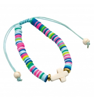 Bracelet perles plates et croix bleu clair