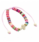 Bracelet perles plates et croix rose