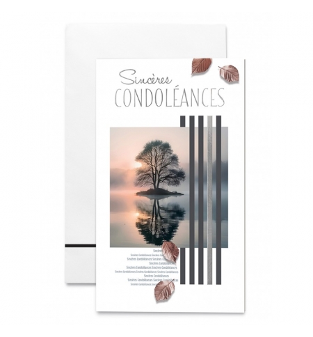 Carte double "Sincères Condoléances", Arbre au milieu d'un lac 