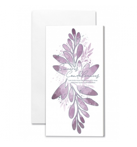 Carte double Condoléances : Branches de feuilles violettes déssinées