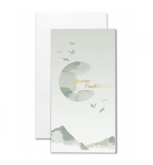 Carte double "Sincères Condoléances", Oiseaux dans le ciel et Lune 