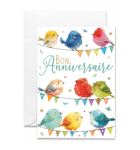 Carte double  "Bon Anniversaire" Moineaux posés sur des fils