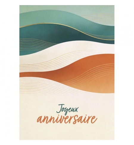 Carte Anniversaire Vagues beiges et turquoises avec dorures
