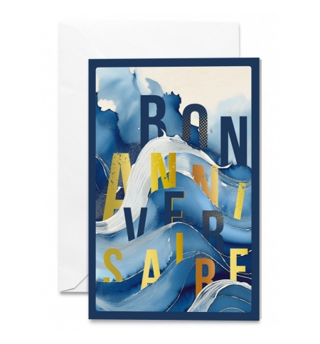 Carte double Bon Anniversaire Vagues et Lettres dorées