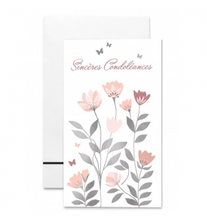 Carte double "Sincères Condoléances", Fleurs roses et papillons.