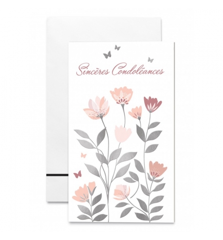Carte double "Sincères Condoléances", Fleurs roses et papillons.
