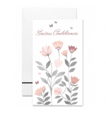 Carte double "Sincères Condoléances", Fleurs roses et papillons.