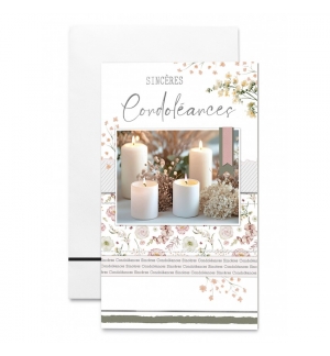 Carte double "Sincères Condoléances",  Bougies et motifs floraux.