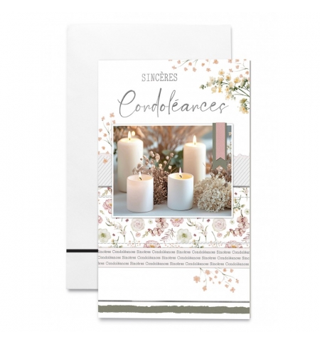 Carte double "Sincères Condoléances",  Bougies et motifs floraux.