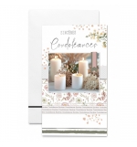 Carte double "Sincères Condoléances",  Bougies et motifs floraux.