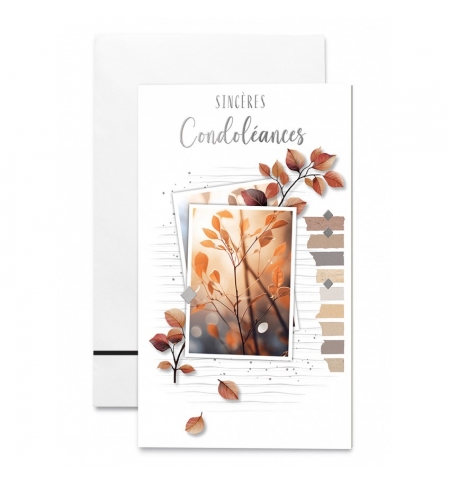 Carte double "Sincères Condoléances", Branches d'arbres et photos