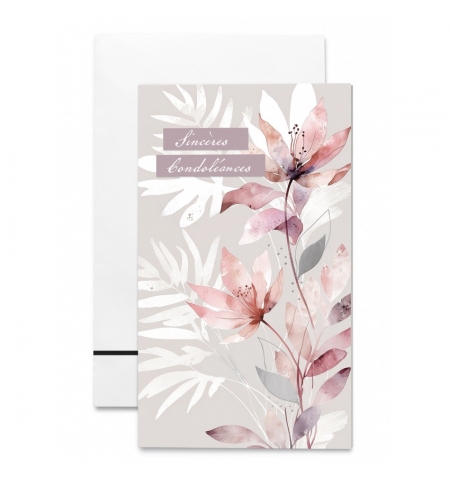Carte double "Sincères Condoléances", Fleurs roses et blanches 