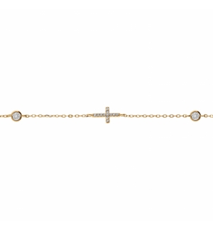 BRACELET ARGENT DORÉ 2 OXYDES BLANCS SERTIS CLOS AVEC CROIX OXYDES BLANCS SERTIS