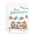 Carte double "Bon Anniversaire" Chouettes et ballons sur une branche
