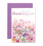 Carte double Joyeux Anniversaire Champs de fleurs sur fond flou