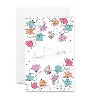 Carte double Bon Anniversaire Fleurs multicolres sur fond blanc