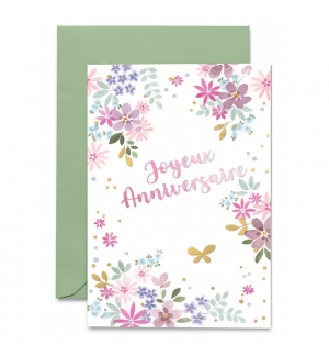 Carte double Joyeux Anniversaire Petites Fleurs  sur fond blanc