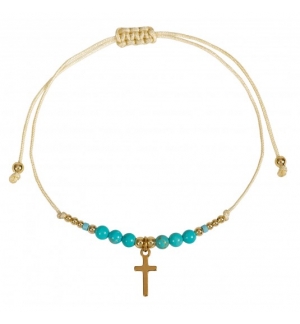Bracelet textile, perles et croix, acier inoxydable - turquoise