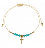 Bracelet textile, perles et croix, acier inoxydable - turquoise