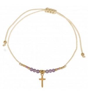 Bracelet textile,perles et croix, acier inoxydable - violet