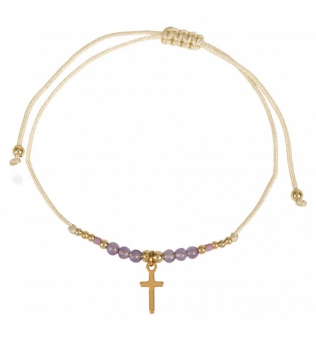 Bracelet textile,perles et croix, acier inoxydable - violet