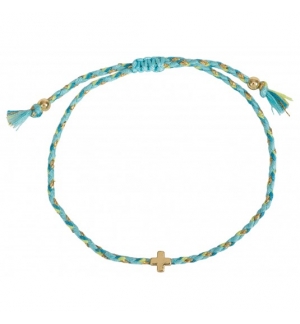 Bracelet textile tressé avec croix - turquoise