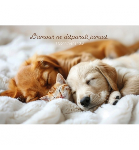 Carte Avec Verset Chiots et chaton qui dorment sur une couverture blanche