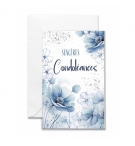 Mini-carte double "Sincères Condoléances" Fleurs bleues dessinées.