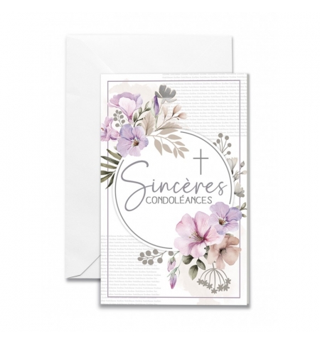 Mini-carte double "Sincères Condoléances" Fleurs parmes et fleurs
