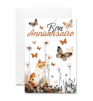 Carte double Anniversaire Chat roux et papillons