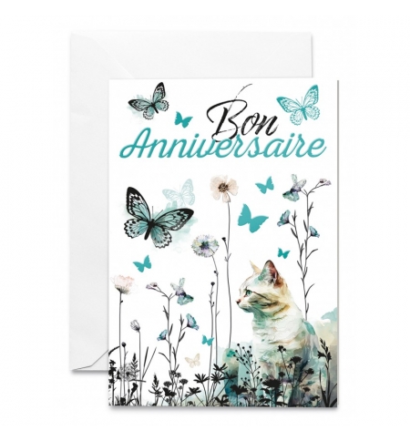 Carte double "Chat blanc et papillons"  Bon anniversaire.