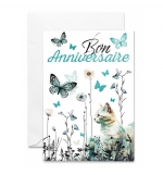Carte double "Chat blanc et papillons"  Bon anniversaire.