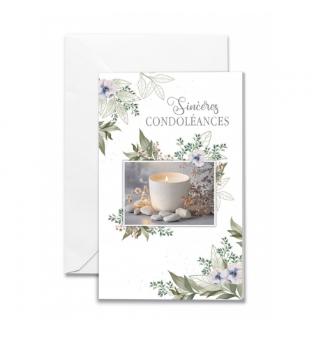 Mini-carte double Sincères Condoléances Bougie sur cailloux et fleurs