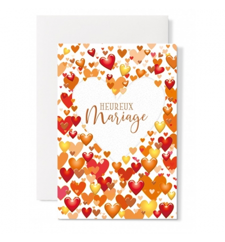 Carte Double Mariage Coeur blanc, petis coeurs tons orange