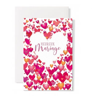 Carte Double Mariage Coeur blanc, petis coeurs tons rouge