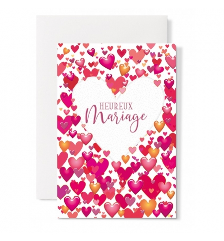 Carte Double Mariage Coeur blanc, petis coeurs tons rouge