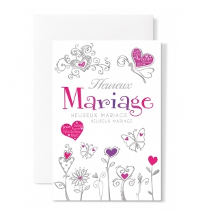 Carte Double Mariage Fleurs et coeurs rose et violet