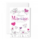 Carte Double Mariage Fleurs et coeurs rose et violet