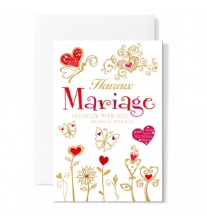 Carte Double Mariage Fleurs et coeurs rouge