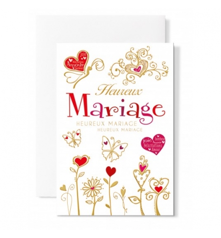 Carte Double Mariage Fleurs et coeurs rouge