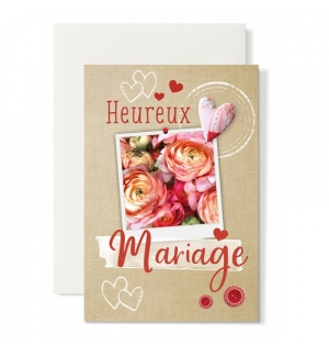 Carte Double Mariage Photo pivoine et coeurs
