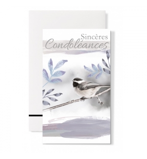 Carte Double Condoléances Oiseau sur une branche fond bleu