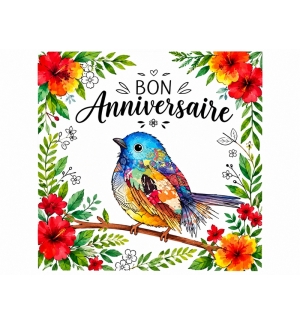 Carte Double Carrée Anniversaire Oiseau au milieu des fleurs